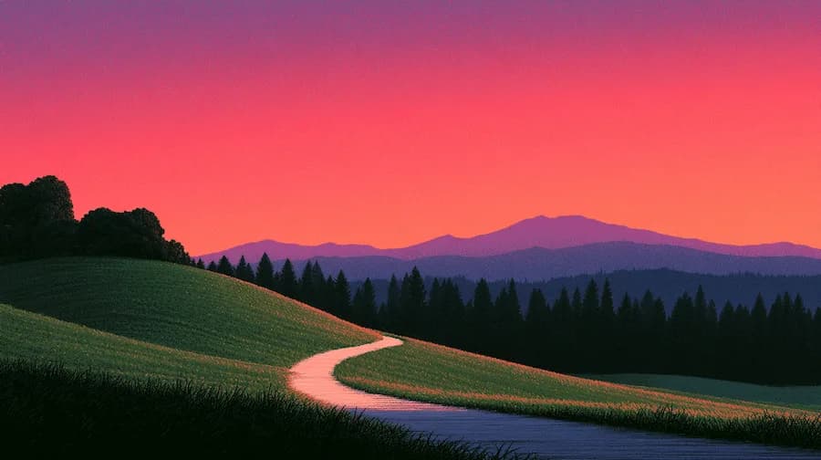 A pale path winding over green hills toward distant mountains under a coral and rose sunset sky