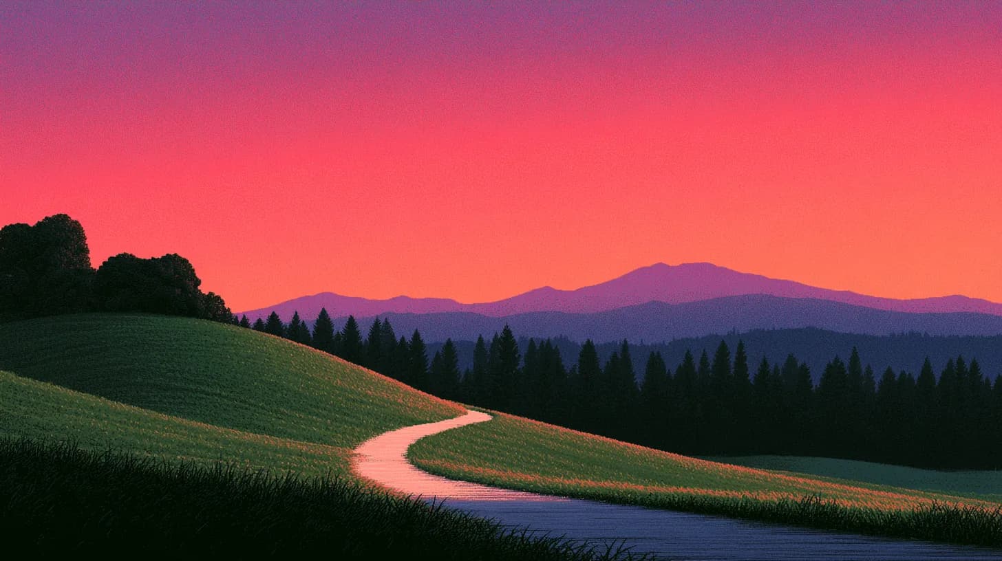 A pale path winding over green hills toward distant mountains under a coral and rose sunset sky